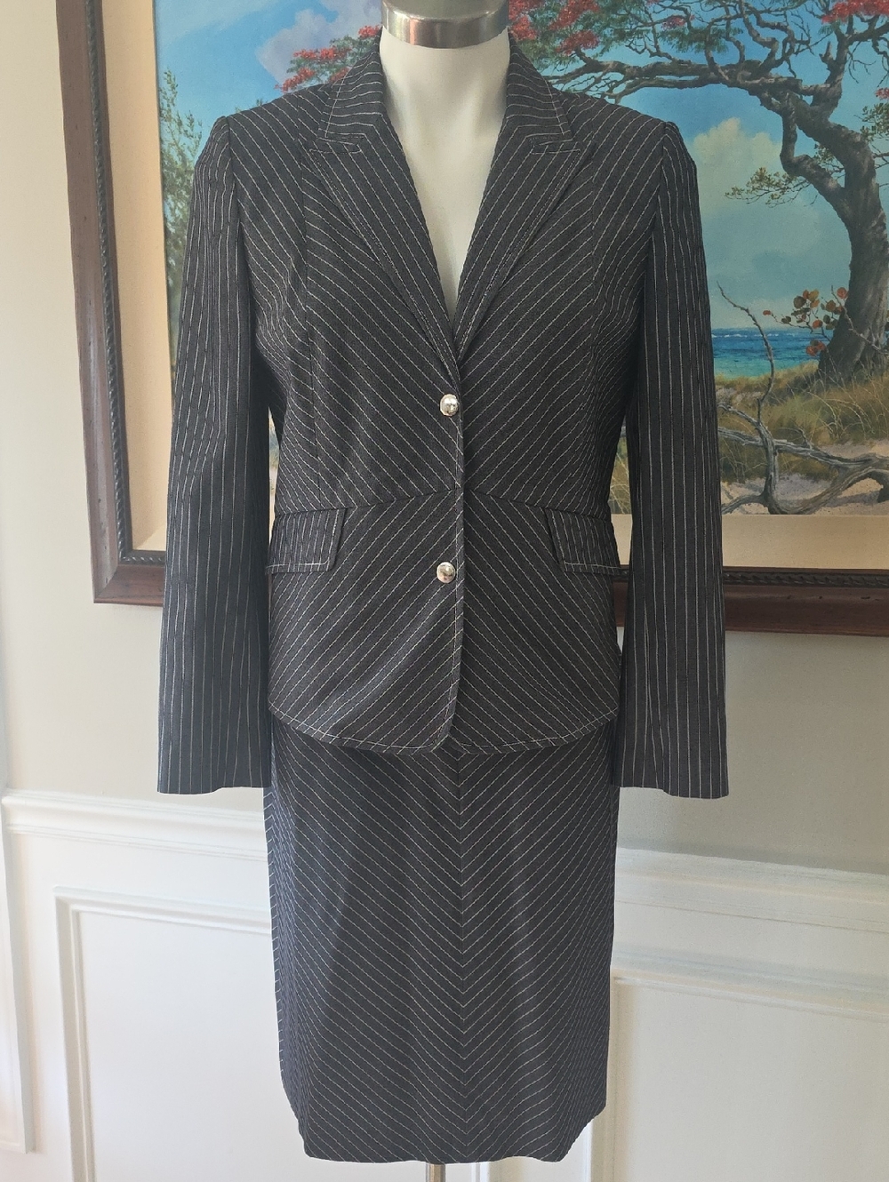 Grace Dane Lewis Petite Black Pinstripe Skirt Suit Jacket